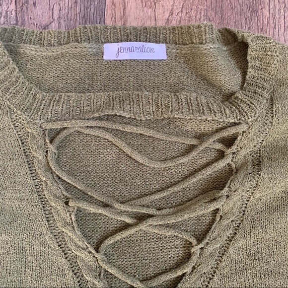 Women's Olive Green Long Sleeve Knit Pull Over Cutout Lace Up Sweater Blouse Top - Picture 3 of 5